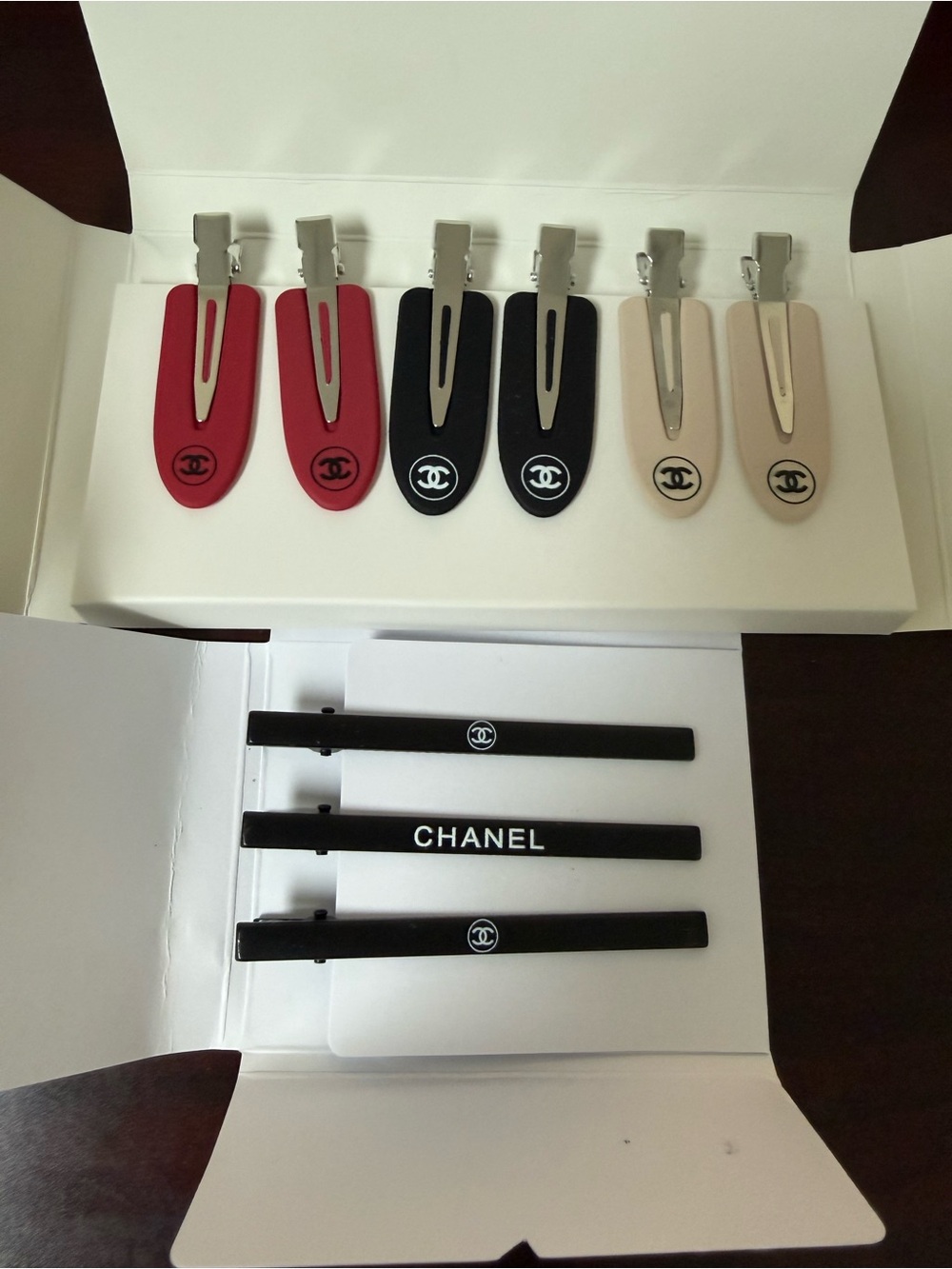 CHANEL Hair Clip Set — Red, Black, Cream
